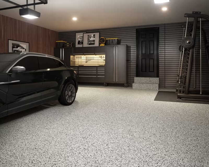 Large commercial facility with flake epoxy floor — even chip coverage across a wide open slab