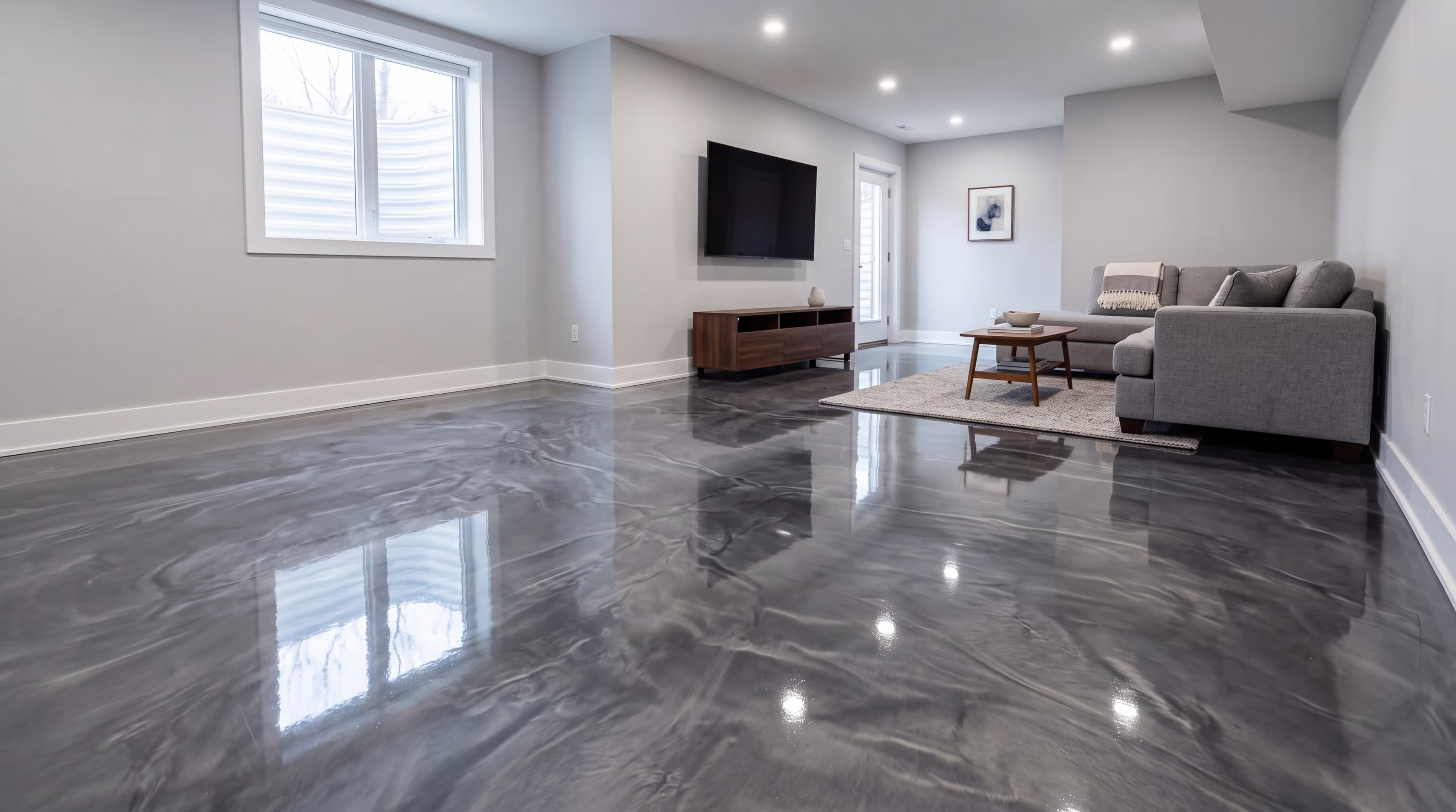Gunmetal and silver-pearl metallic epoxy floor in a finished basement rec room