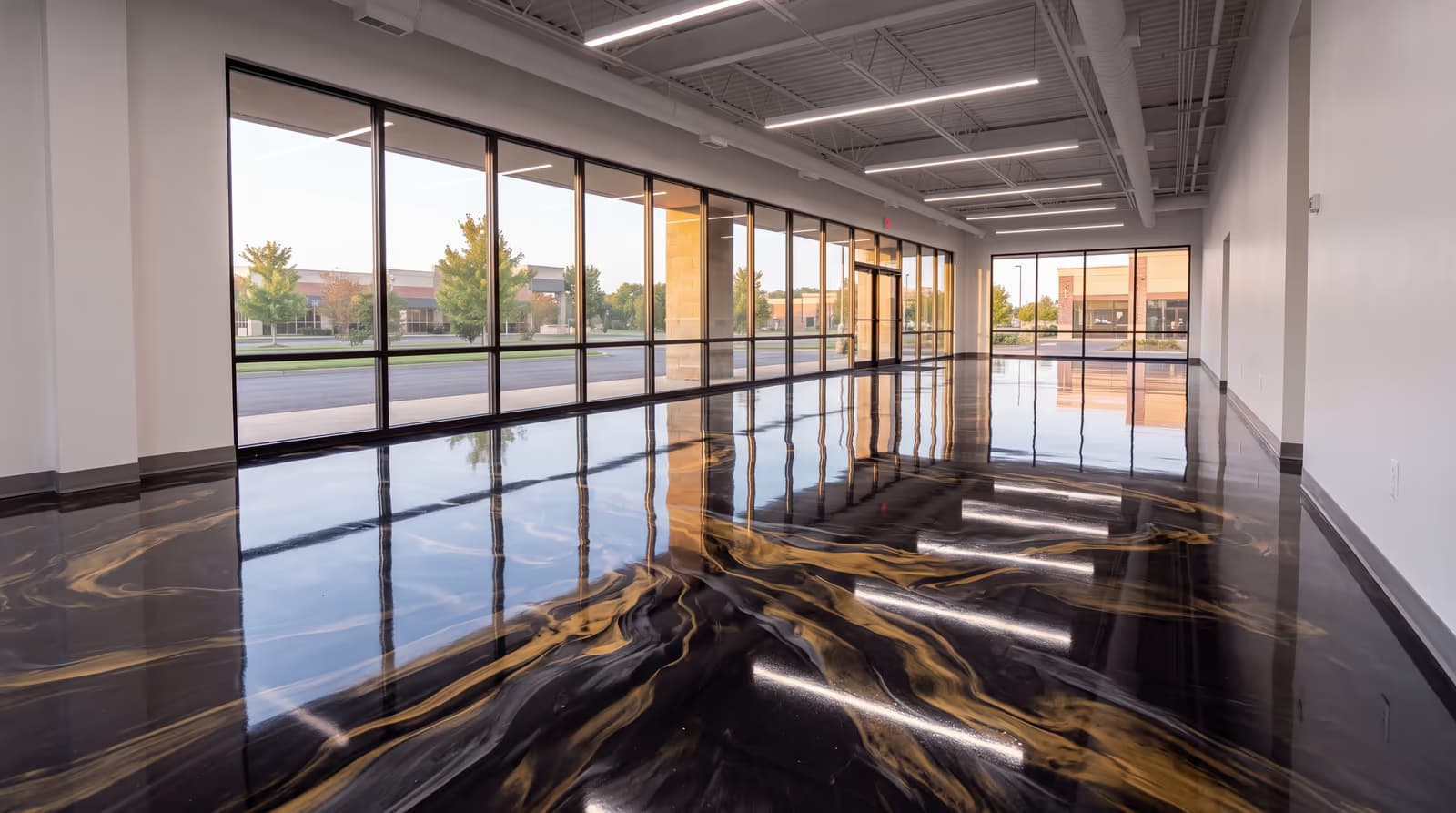 Black and gold metallic epoxy floor in an open commercial lobby