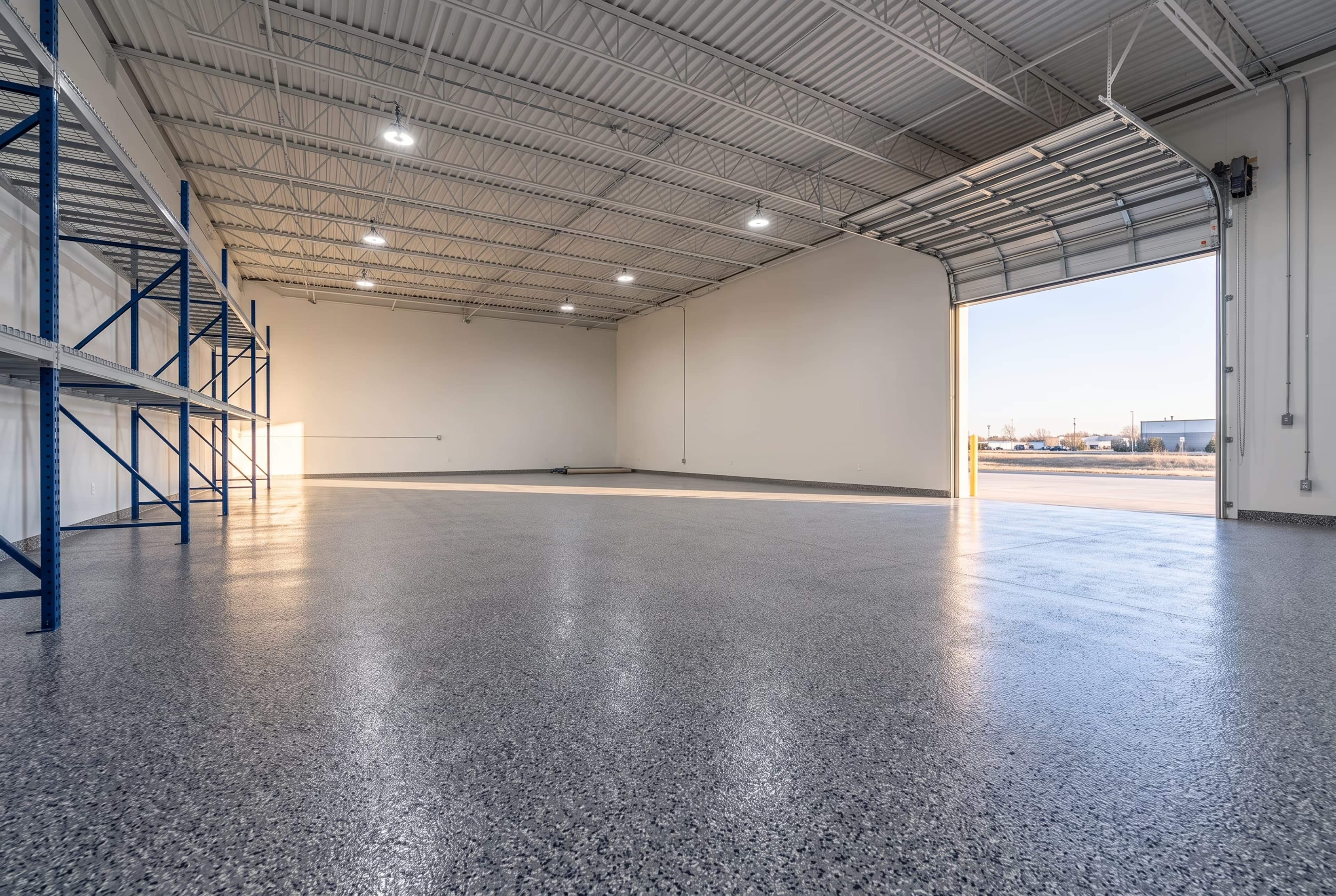 Gray, black and blue flake epoxy floor in a commercial warehouse bay