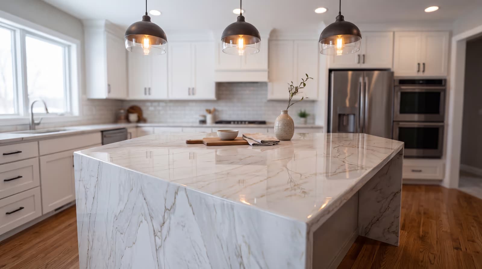 White marble-look metallic epoxy island countertop with a waterfall edge