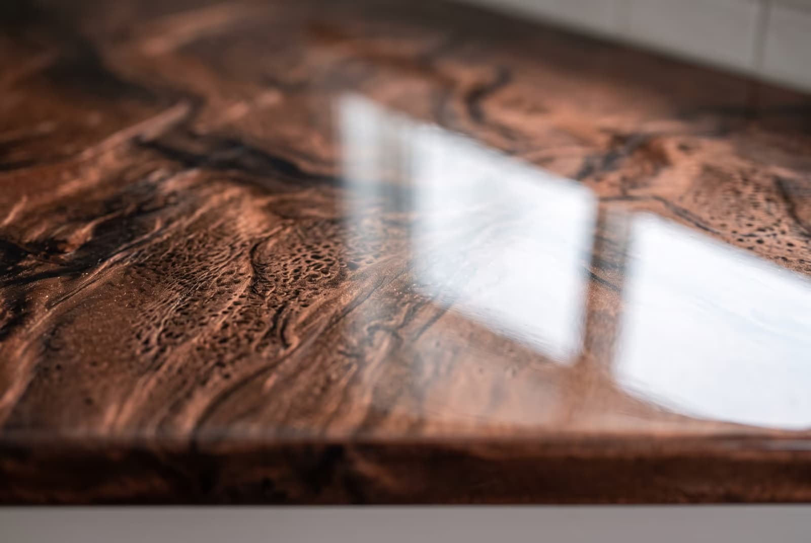 Copper metallic epoxy countertop surface close-up
