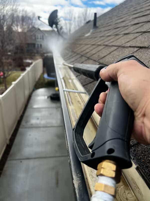 Pressure washing the gutter line along a shingle roof — spray tracing the eave